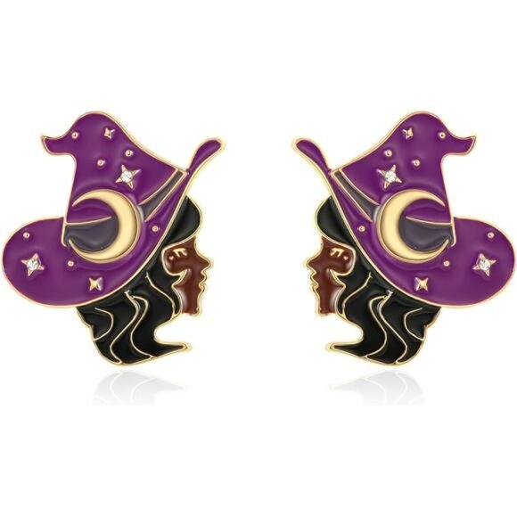 WOWORAMA Witch Earrings | Purple Hat with Crescent & Stars - Picture 1 of 6